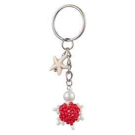 Tortoise Glass Seed Beads Pendant Keychain, Starfish Synthetic Turquoise Charms and Iron Split Key Rings for Key Bag Ornaments