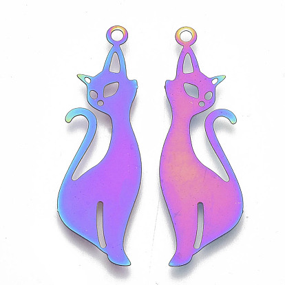 Ion Plating(IP) 201 Stainless Steel Kitten Pendants, Etched Metal Embellishments, Cat Shape