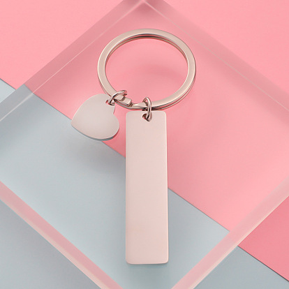 Non-Tarnish 304 Stainless Steel Keychain, with Key Rings, Rectangle with Heart