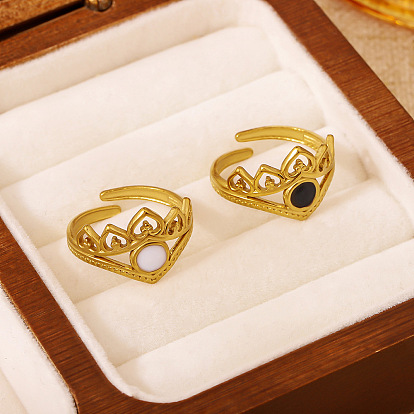 304 Stainless Steel Cuff Open Rings for Women, Crown, with Enamel, Real 18K Gold Plated