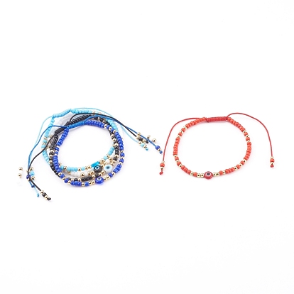Adjustable Nylon Cord Braided Bead Bracelets, with Glass Seed Beads, Evil Eye Lampwork Beads and Brass Beads, Golden