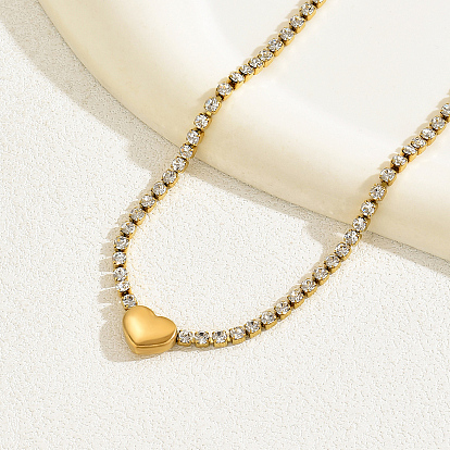 Элегантное женское ожерелье из нержавеющей стали с сердцем на ключице, теннисные ожерелья со стразами