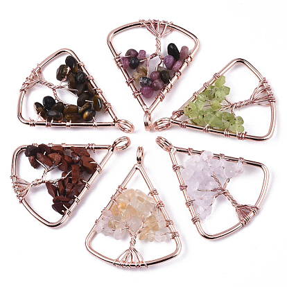 Natural Gemstone Big Pendants, Wire Wrapped Pendants, with Brass Wires, Triangle & Tree