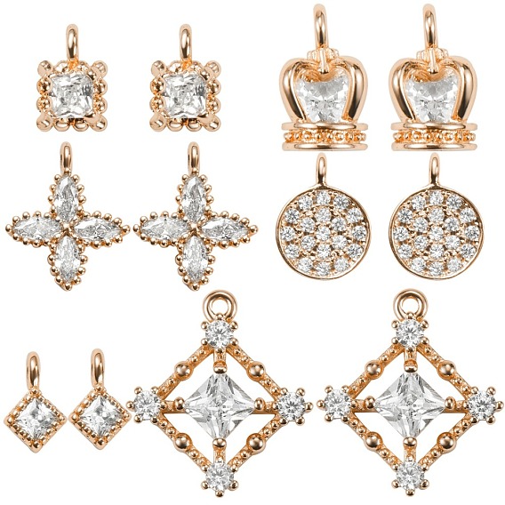 12Pcs 6 Style Brass Pendants, with Clear Cubic Zirconia, Mixed Shapes
