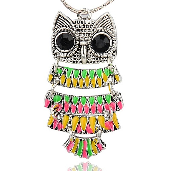 Vintage Alloy Enamel Pendants, with Resin Cabochons, Owl, Antique Silver, 48x21x2mm, Hole: 2.5mm