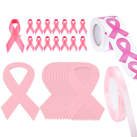 Самодельные наборы для поиска, включая клейкие бумажные ленты, Розовая лента осведомленности о раке молочной железы в октябре, атласная лента, акриловые двусторонние наклейки, булавки для брошей из полиэфирной ленты