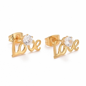 Word Love 304 Stainless SteelStud Earrings, with 316 Stainless Steel Pin & Glass Imitation Cubic Zirconia