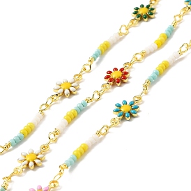 Handmade Brass Enamel Flower Link Chains, with Glass Beads, Long-Lasting Plated, Soldered, with Spool