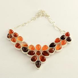 Gemstone Bib Statement Necklaces with Alloy Cabochon Settings and Silver Color Plated Brass Chains, 19.8 inch .
