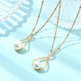 2шт. 2 стили: подвеска в форме капли из латуни с микропаве из прозрачного кубического циркония и жемчуга 304 цепочки-спутники из нержавеющей стали для женщин, белые