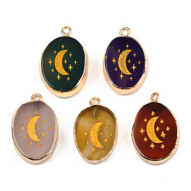 Natural Agate Pendants, with Light Gold Plated Brass Edge & Iorn Loops, Gold Powder, Dyed & Heated, Oval with Moon Charm