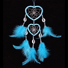 Heart Woven Web/Net with Feather Wall Hanging Decorations, with Iron Ring, for Home Bedroom Decorations