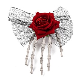 Skeleton with Rose Flower Plastic Alligator Hair Clips, Grenadine Bowknot with Iron Findings, Hollween Hair Accessories for Women