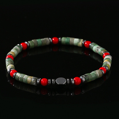 Браслеты из натуральных красных кораллов и зеленой пятнистой яшмы для мужчин, колонка, с синтетическим немагнитным гематитом