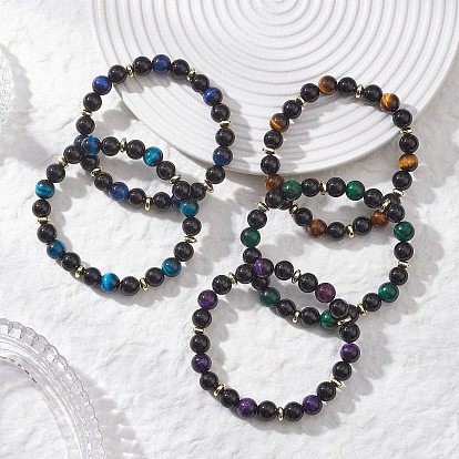 Женские браслеты с круглыми бусинами из натурального тигрового глаза, безглазого обсидиана и немагнитного синтетического гематита, окрашенная и подогревом