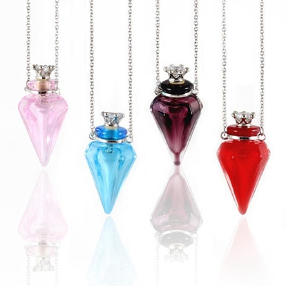 Cone Shape Lampwork Perfume Bottle Pendant Necklace, Stainless Steel Jewelry for Women