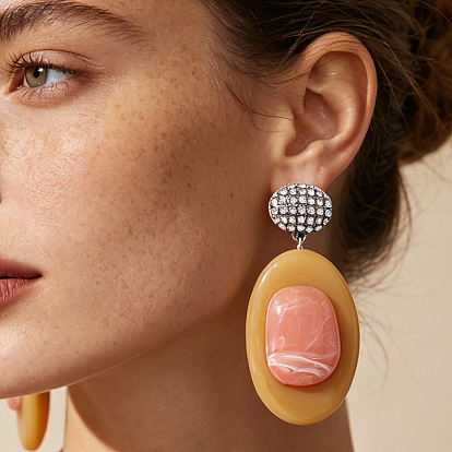Boucles d'oreilles puces en alliage et strass., ovale, boucles d'oreilles pendantes en résine pour femmes