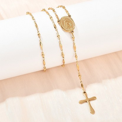 201 шарик ожерелья из нержавеющей стали четки, Ожерелья из цепочек с подвеской в виде девственного креста с 304 застежкой из нержавеющей стали, ионное покрытие (ip)