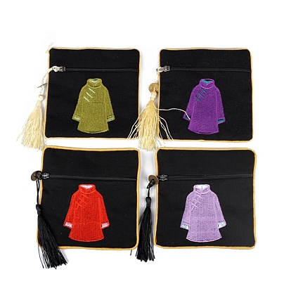 Linen Cloth Embroidery Clothes Jewelry Storage Zipper Pouches with Tassel, for Earrings Rings Bracelets, Square, Random Pattern