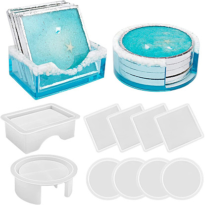4Pcs 4 Style Rectangle & Flat Round Coaster & Storage Silicone Mold, Resin Casting Molds, for UV Resin, Epoxy Resin Craft Making
