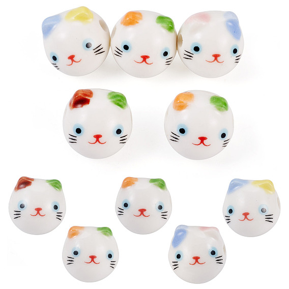 5Pcs Printed Handmade Porcelain Ceramic Beads, Cat Shape