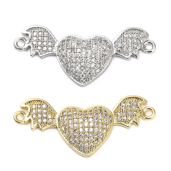 Подвески-шармы в форме крыльев летучей мыши с микропаве из латуни и прозрачным кубическим цирконием в форме сердца, стойки покрытие, долговечный, без свинца и без кадмия