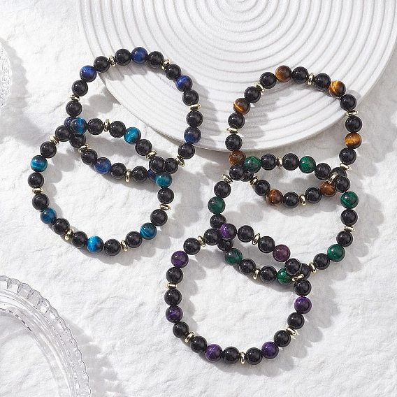 Женские браслеты с круглыми бусинами из натурального тигрового глаза, безглазого обсидиана и немагнитного синтетического гематита, окрашенная и подогревом