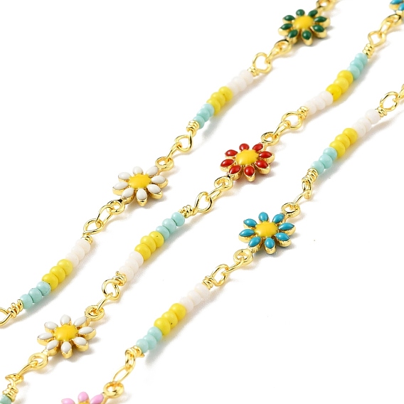 Handmade Brass Enamel Flower Link Chains, with Glass Beads, Long-Lasting Plated, Soldered, with Spool