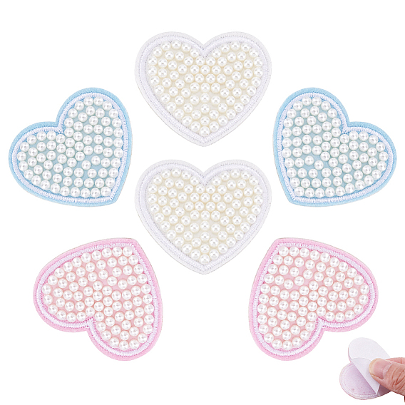 6 шт 3 цвета полиэстер компьютеризированная ткань для вышивания утюгом / пришивание заплат, аксессуары для костюма, аппликация, с ABS имитации жемчуга, сердце