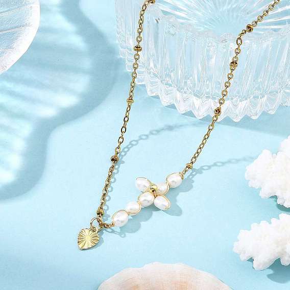 304 Stainless Steel Heart Pendant Satellite Chain Necklaces for Women, with Natural Pearl Beaded Cross, White