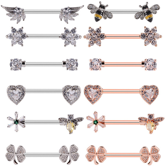 Кольца для сосков из латуни с прозрачным кубическим цирконием, с 304 штифтов из нержавеющей стали