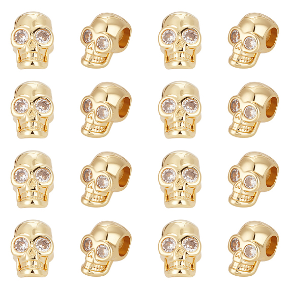 16шт латунь микро паве прозрачные бусины кубического циркония, череп, долговечный, стойки покрытие, без свинца и без кадмия