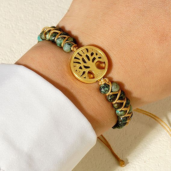 Регулируемые браслеты из круглых бусин из натуральной африканской бирюзы (яшмы), двухслойные., 304 Браслеты из нержавеющей стали для женщин и мужчин, древо жизни