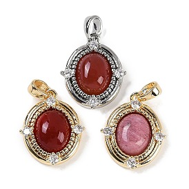 Natural Gemstone Oval Pendants, Brass Clear Cubic Zirconia Charms