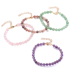 Beaded Bracelets, with Natural Gemstone Beads and Golden Plated Iron Chain Extender and Brass Lobster Claw Clasps