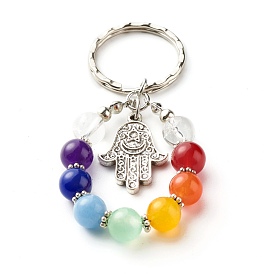 Keychain, Tibetan Style Alloy Pendants and Natural Mixed Stone, Iron Findings and Tiger Tail Wire, Round & Hamsa Hand