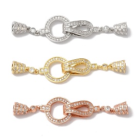 Rack Plating Brass Micro Pave Clear Cubic Zirconia Fold Over Clasps, Cadmium Free & Lead Free, Long-Lasting Plated, Ring