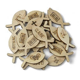 100Pcs Wood Cabochons, Fish with Book/Word/Cross Pattern