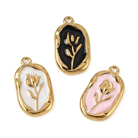 304 Stainless Steel Enamel Pendants, Oval with Flower Charms, Ion Plating(IP), Real 18K Gold Plated