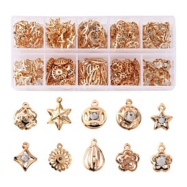 100Pcs 10 Style Rack Plating Eco-Friendly Iron Charms, with Crystal Rhinestone, Mix-shaped