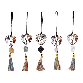 Décorations en gros pendentif en laiton, avec perles de pierres précieuses naturelles et pompon en nylon, coeur avec l'arbre de la vie, thème de chakra