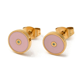 Ion Plating(IP) 304 Stainless Steel Stud Earrings with Pink Enamel, Flat Round Shape