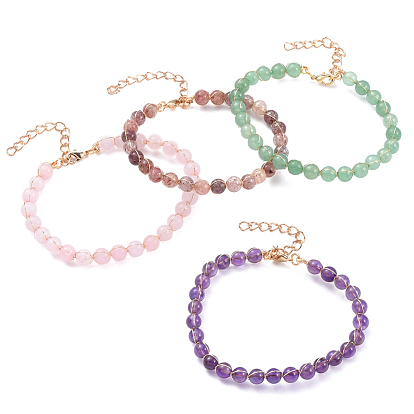 Beaded Bracelets, with Natural Gemstone Beads and Golden Plated Iron Chain Extender and Brass Lobster Claw Clasps