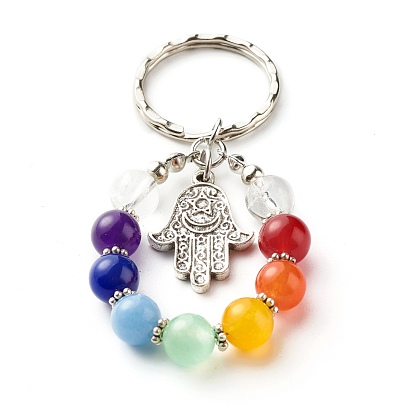 Keychain, Tibetan Style Alloy Pendants and Natural Mixed Stone, Iron Findings and Tiger Tail Wire, Round & Hamsa Hand