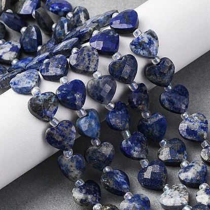 Нитки бусины из натурального ляписа-лазури, граненое сердце, с бисером