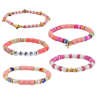 5Pcs 5 Style HAPPY Disc & Column Beads Stretch Bracelets Sets for Teen Girl Women, Handmade Polymer Clay & Brass & Acrylic Enamel Beads Bracelet
