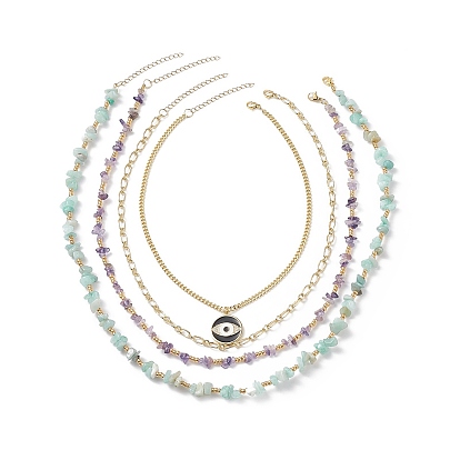 4Pcs 4 Style Cubic Zirconia Horse Eye Pendant Necklaces Set, Natural Amethyst & Amazonite  Necklaces with Brass Chains for Women