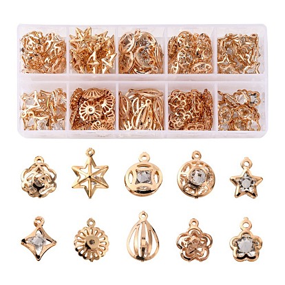 100Pcs 10 Style Rack Plating Eco-Friendly Iron Charms, with Crystal Rhinestone, Mix-shaped