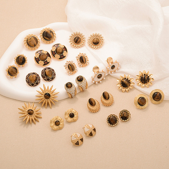 Серьги-гвоздики из натурального сплава тигрового глаза, золотые