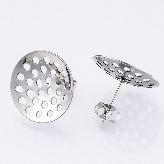 304 Stainless Steel Stud Earring Findings, with Sieve Base, Ear Nuts/Earring Backs
